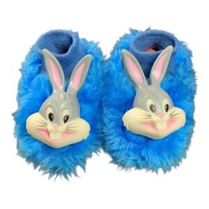 Vintage Bugs Bunny Furry Slippers Warner Bros Kids Size Large 9–10 Blue USA Made
